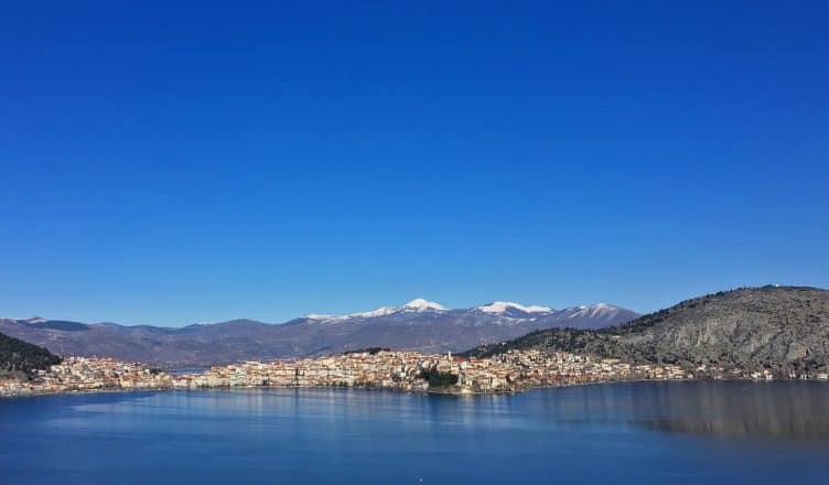 Panoramic view of the city of Kastoria and Orestiada lake in Northern Greece