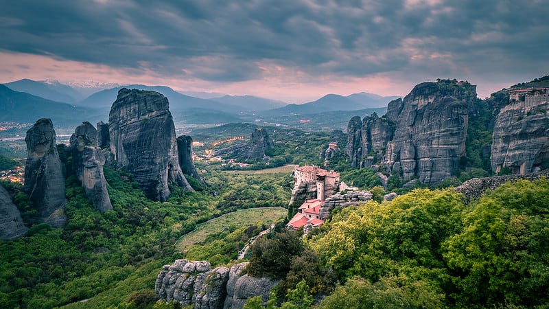 View of the Monasteries and rocks of Meteora.