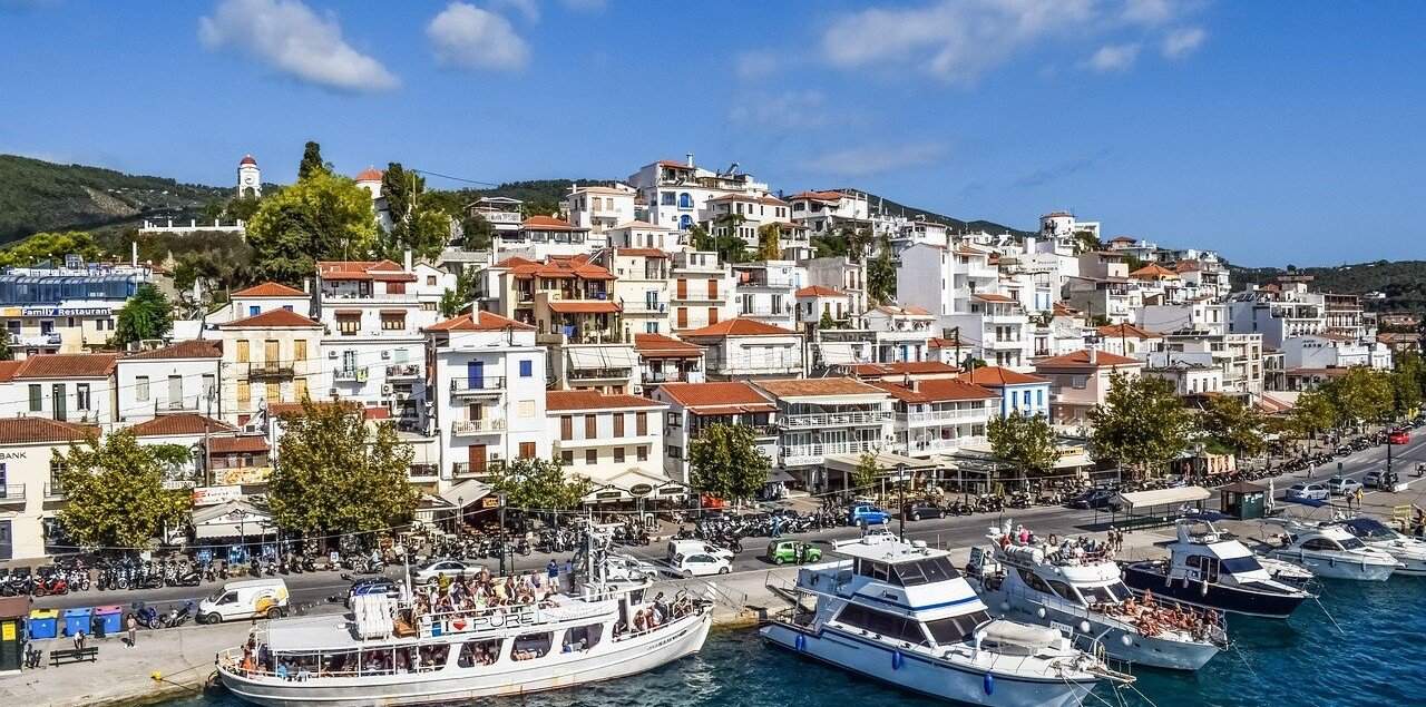 The port and promenade of Skiathos island, Greece