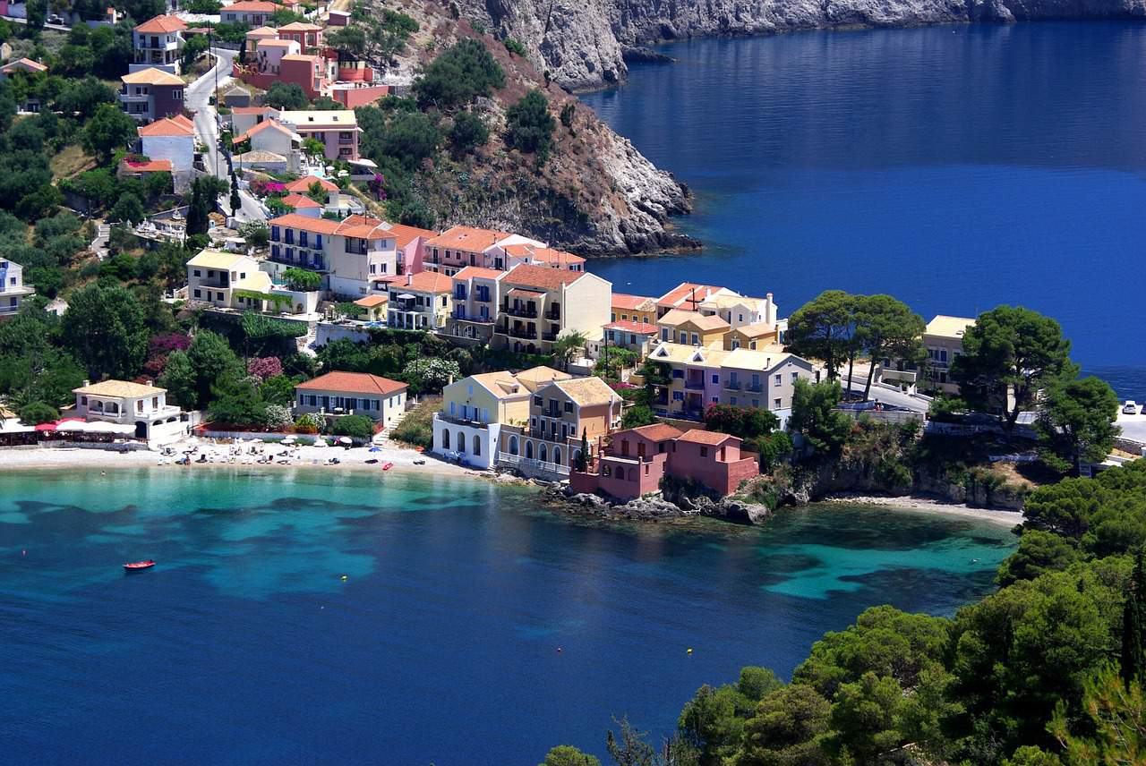 Assos, built on a small peninsula among cypresses and pine trees, 36 km north of Argostoli