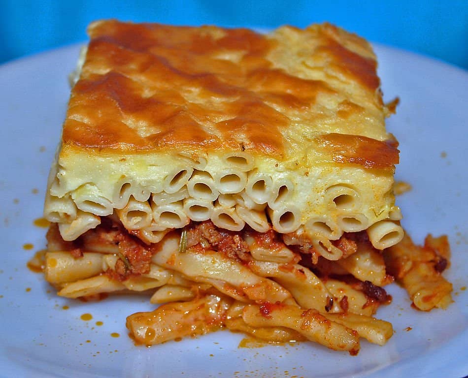 Pastitsio, an Ionian baked pasta dish with mince meat and tomato sauce.