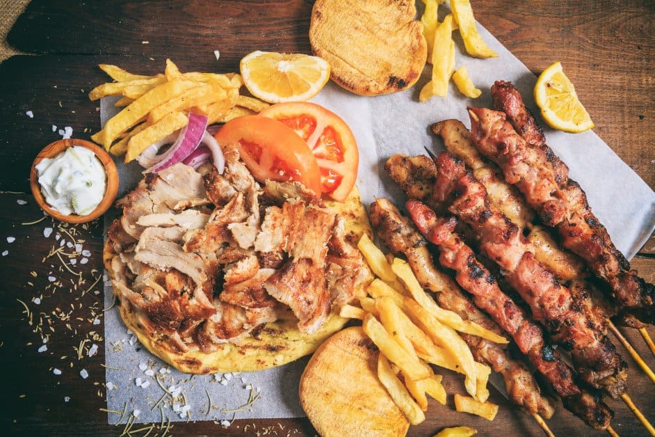 Plater with pittas, gyros, pork & chicken skewers, and fries